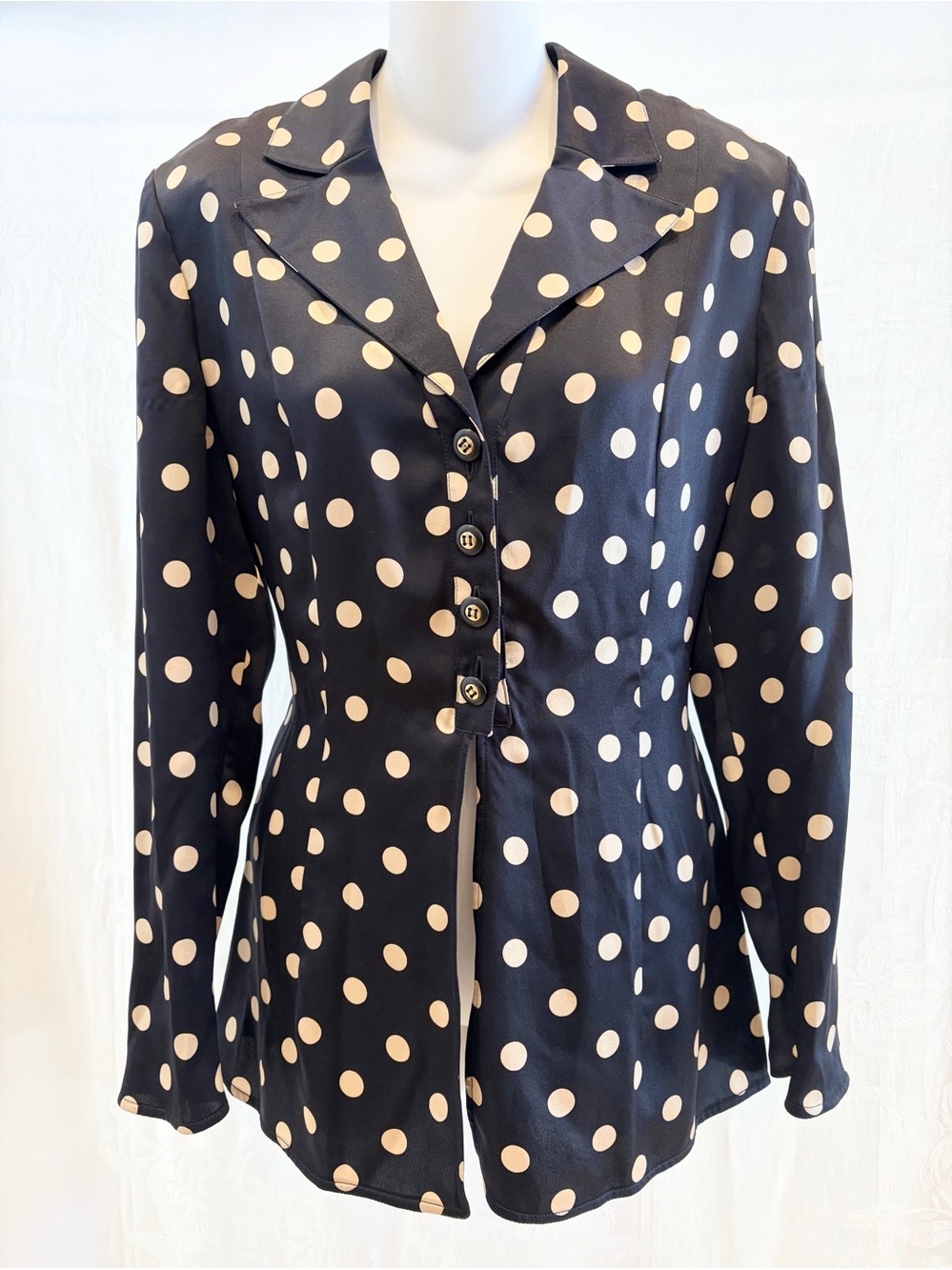 VTG Valentino Black Ivory Dot Silk Charmeuse Blouse US 4 1990's SuperModel Style